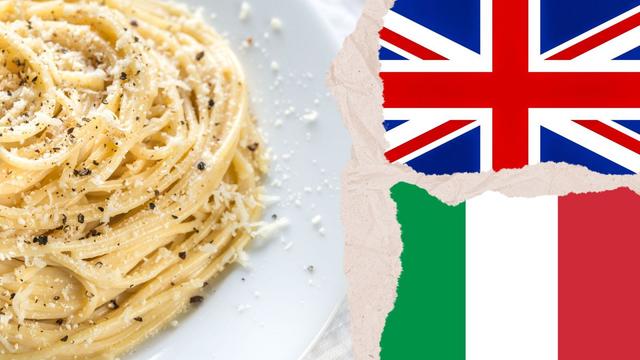 A montage of spaghetti, the UK flag and the Italian flag. | Copyright Canva