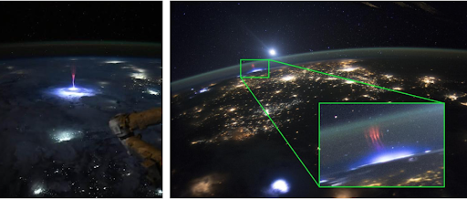 Two side-by-side images from the International Space Station showing a massive lightning event called a gigantic jet. The left image captures a bright lightning flash with a red jet shooting upward into the atmosphere. The right image shows Earth at night with city lights, the lightning event highlighted in a green box, and an inset zoom revealing red jets extending above the storm.