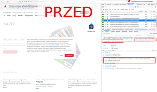 Zrzut ekranu "PRZED". Widać stronę PKO i skrypty googleads w network inspektorze