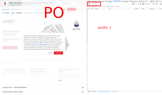 Zrzut ekranu "PO". Ta sama strona, w filtrze network inspektora wpisane "googleads" i zero wyników
