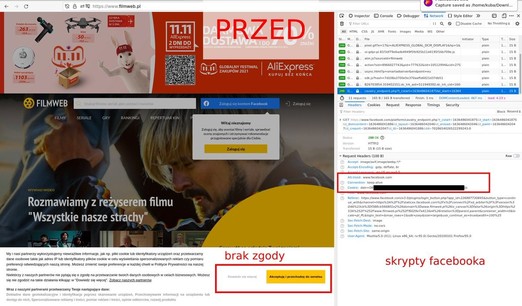 Zrzut ekranu „przed” ze strony filmweb.pl. Widać, że okienko od zgody nie zostało odklinięte, a w network inspektorze widoczne są zapytania do facebook.com