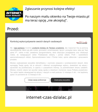 Zrzut ekranu ze strony twoje-miasto.pl. Widać okienko o rodo, są dwie opcje -"ustaw swoje preferencje" oraz "zaakceptuj wszystkie"