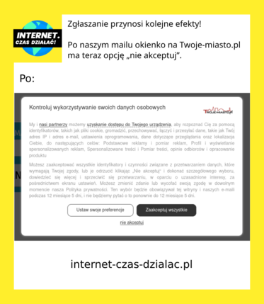 Zrzut ekranu ze strony twoje-miasto.pl. Widać okienko o rodo, są trzy opcje -"ustaw swoje preferencje", "zaakceptuj wszystkie", oraz "nie akceptuj"