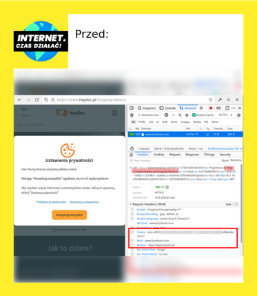 Widok "przed". Zrzut ekranu ze strony heydoc.pl z otwartym w Firefoksie network inspektorze. Widać zapytania z id cookiesów idące do Facebooka, informujące o tym, jaka strona została odwiedzona