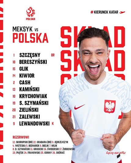 grafika prezentująca skład reprezentacji Polski na mecz z Meksykiem w trakcie mundialu