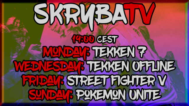 Rozpiska godzin nadawania kanału SkrybaTV na Twitchu. Streamy są o 19:00 w poniedziałki, środy, piątki i niedziele. Grany będzie Tekken, Street Fighter oraz Pokemon Unite. 