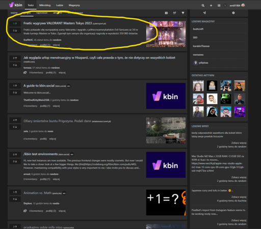 screenshot z zakładki Treści / Gorące serwisu karab.in, z zaznaczonym newsem w tematyce esportu
