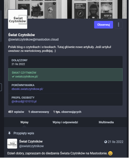 Zrzut strony głównej profilu Świata Czytników