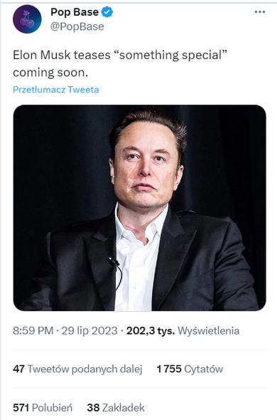 Screen tweeta profilu PopBase o treści "Elon Musk teases 'something special' coming soon" i ze zdjęciem Elona.