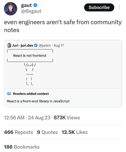 Tweet "even engineers aren't safe from community notes" i pod spodem rysunek ASCII z ludzikiem podnoszącym tabliczkę "React is not frontend", a pod spodem kontekst od portalu: "React is a front-end library in JavaScript".