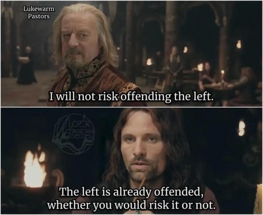 Theoden: I will not risk offending the left
Aragorn: The left is already offended, whether you would risk it or not.