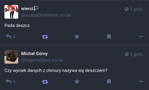 wierci na kolektivie pisze „Pada deszcz”.
Poniżej Michał Górny na pol socialu pisze „Czy wyciek danych z chmury nazywa się deszczem?”
