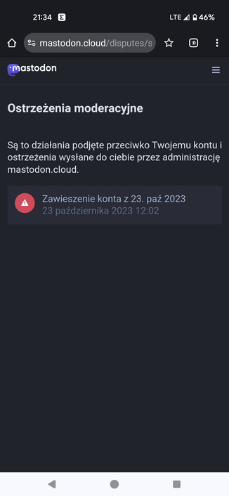 info po zalogowaniu: "ostrzeżenia moderacyjne, zawieszenie konta z 23 października 2023".