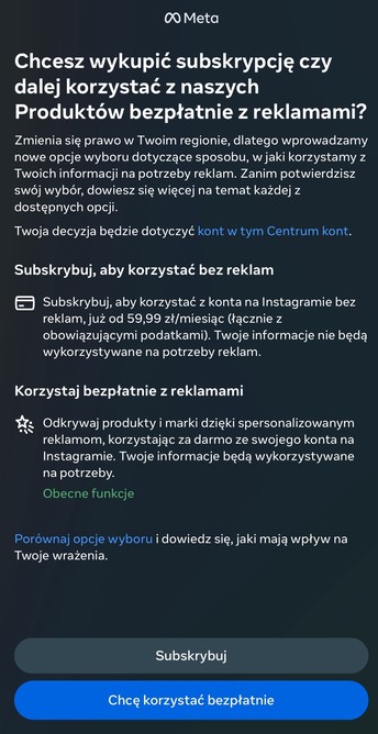 Komunikat z insta o tym że mam płacić 60 zł albo godzić się na reklamy 