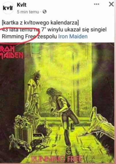 Kvlt na Facebooku: "[kartka z kvltowego kalendarza] 43 lata temu na 7" winylu ukazał się singiel Rimming Free zespołu Iron Maiden"
