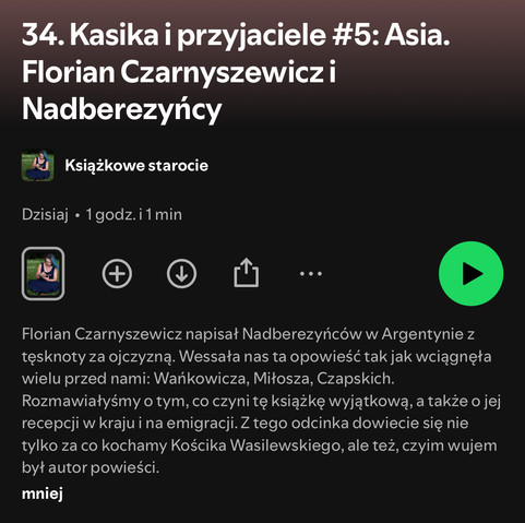 Zrzut ekranu z aplikacji Spotify, tytuł podkastu, opis, przycisk play