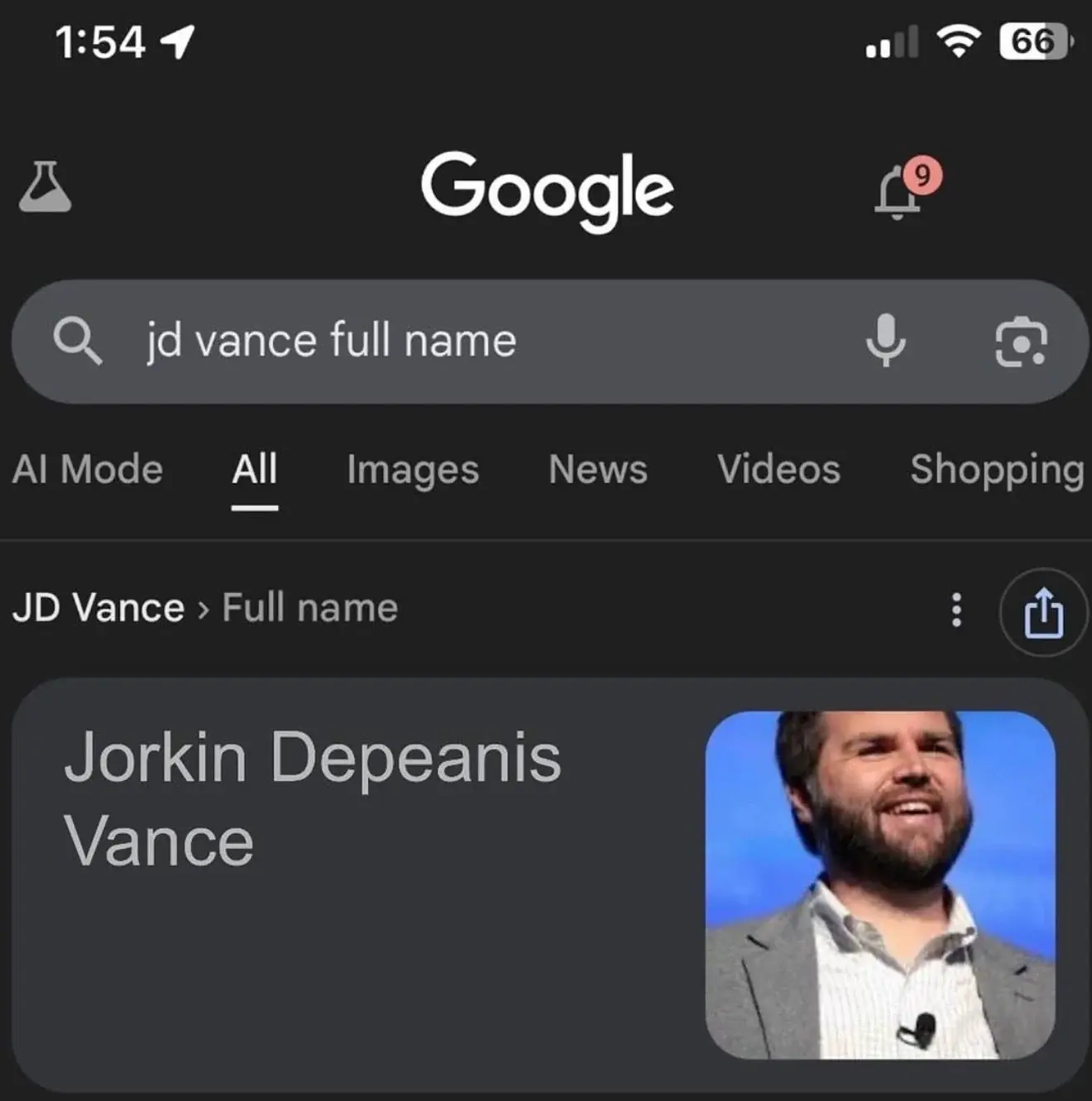 Google search "jd vance full name".
Google answer "Jorkin Depeanis Vance".