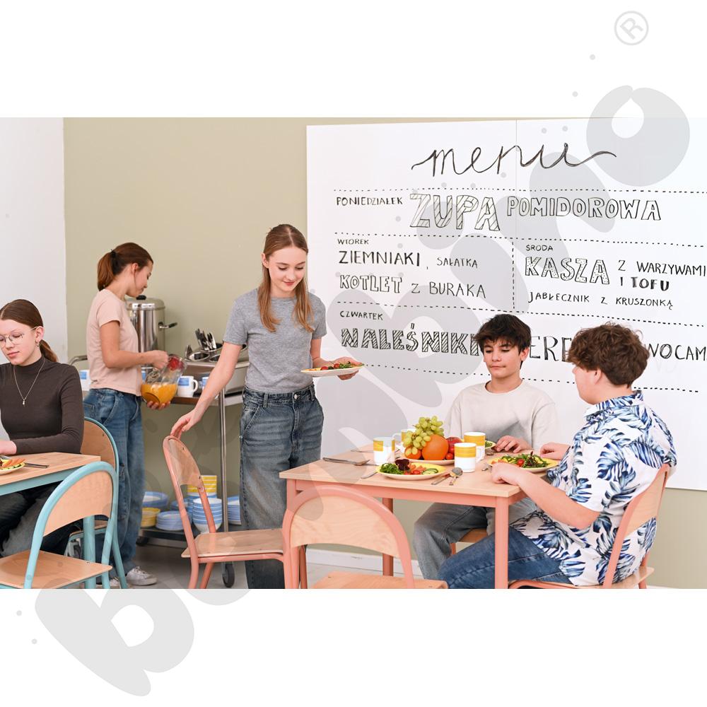 Stół Mila 80 x 80 klon jasny z 4 krzesłami P, rozm. 6, łososiowe