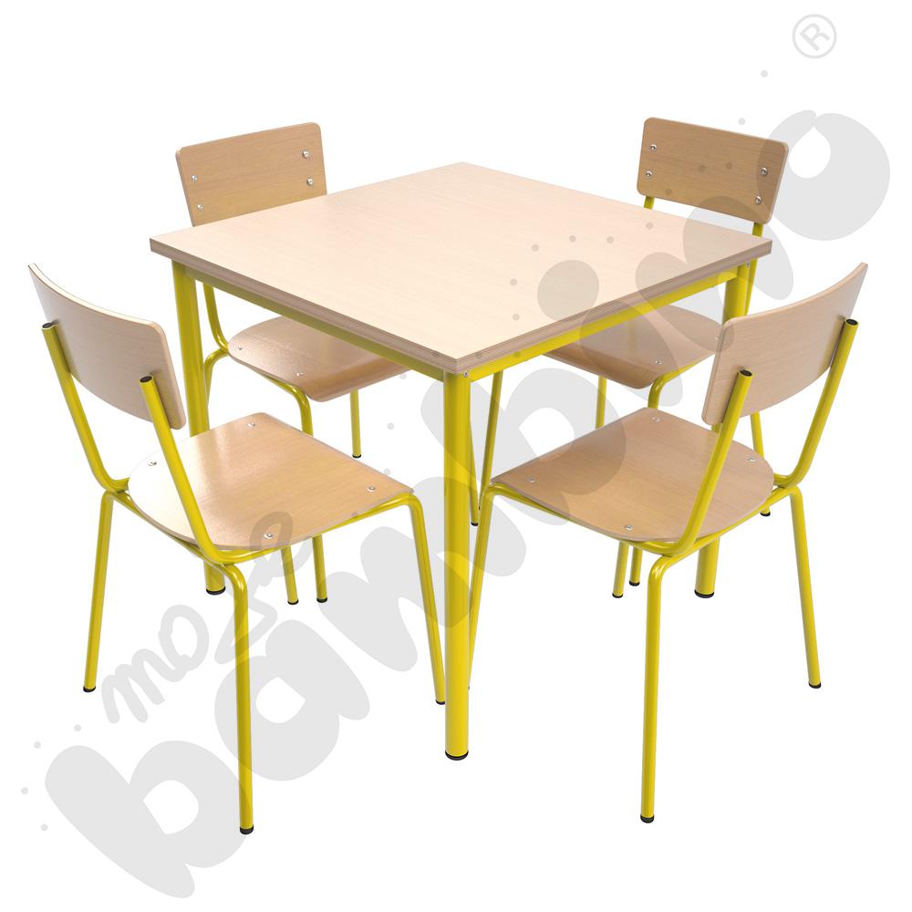 Stół Mila 80 x 80 klon z 4 krzesłami D żółtymi, rozm. 4