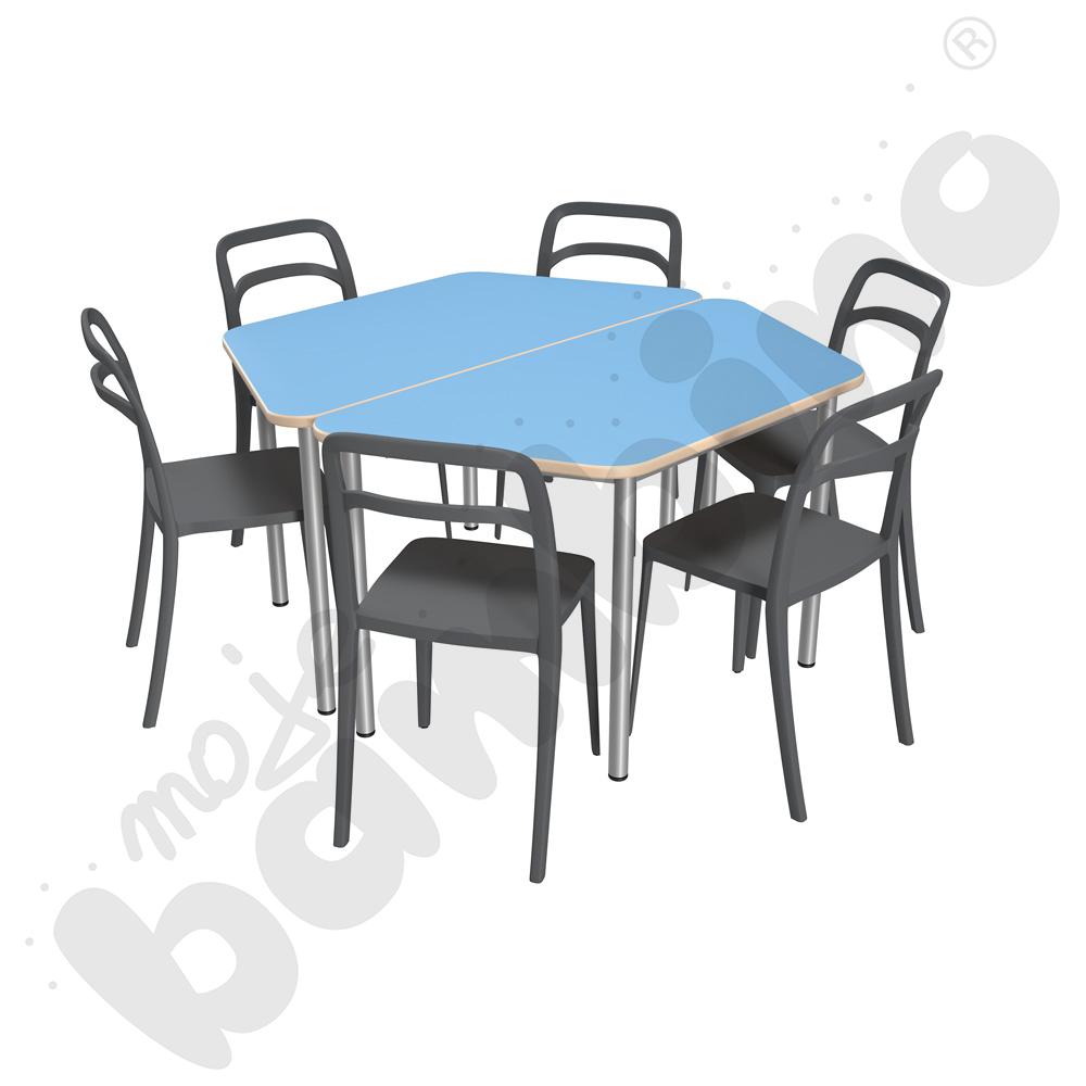 Stół Mila trapezowy jasnoniebieski HPL z 6 krzesłami Leon szarymi, rozm. 6
