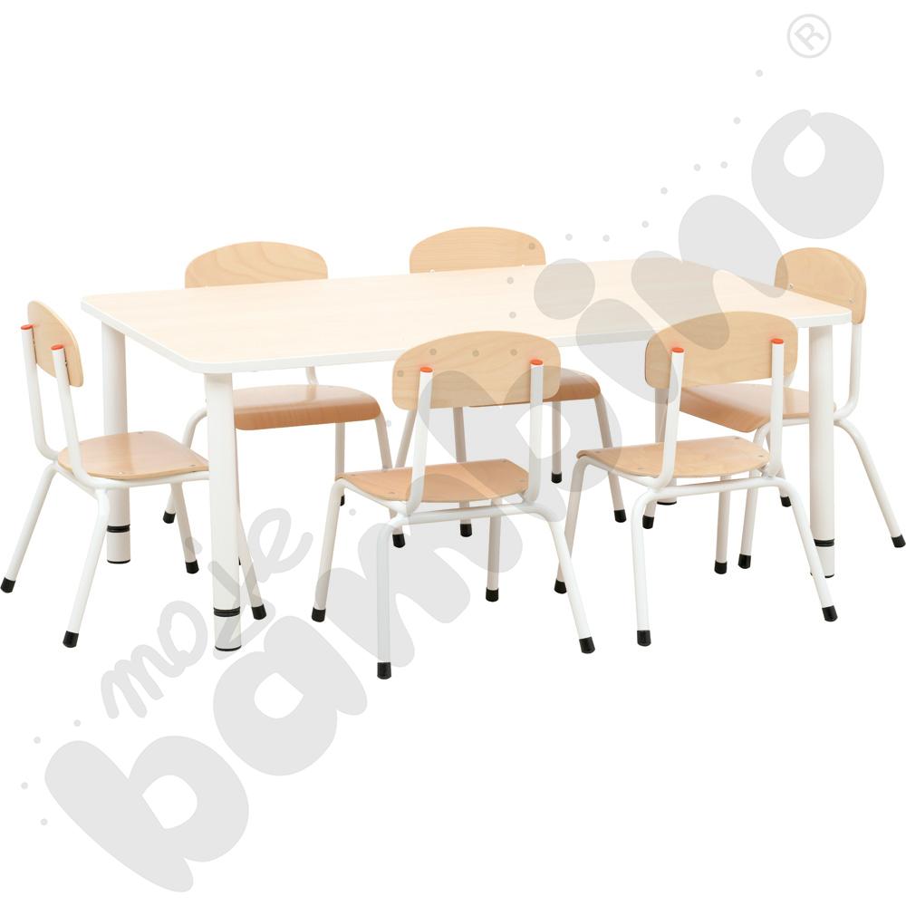 Stół Bambino prostokątny z białym obrzeżem z 6 krzesłami Bambino białymi, rozm. 3