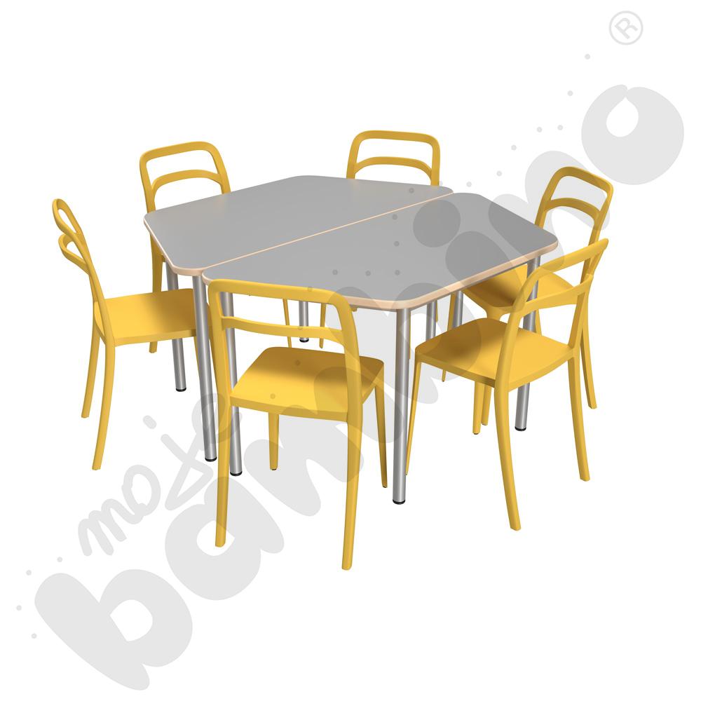 Stół Mila trapezowy szary HPL z 6 krzesłami Leon musztardowymi, rozm. 6