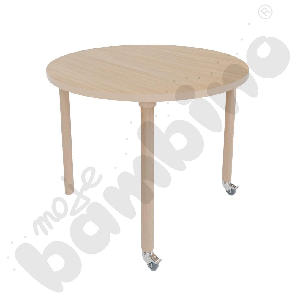 Stół Marcus śr. 90 cm, rozm. 5, nogi drewniane brzozowe z 2 kółkami, blat HPL klon, obrzeże ABS
