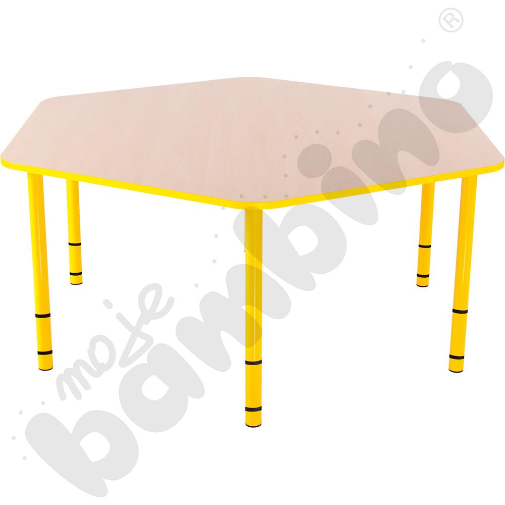 Stół Bambino sześciokątny z żółtym obrzeżem z regulowanymi nogami