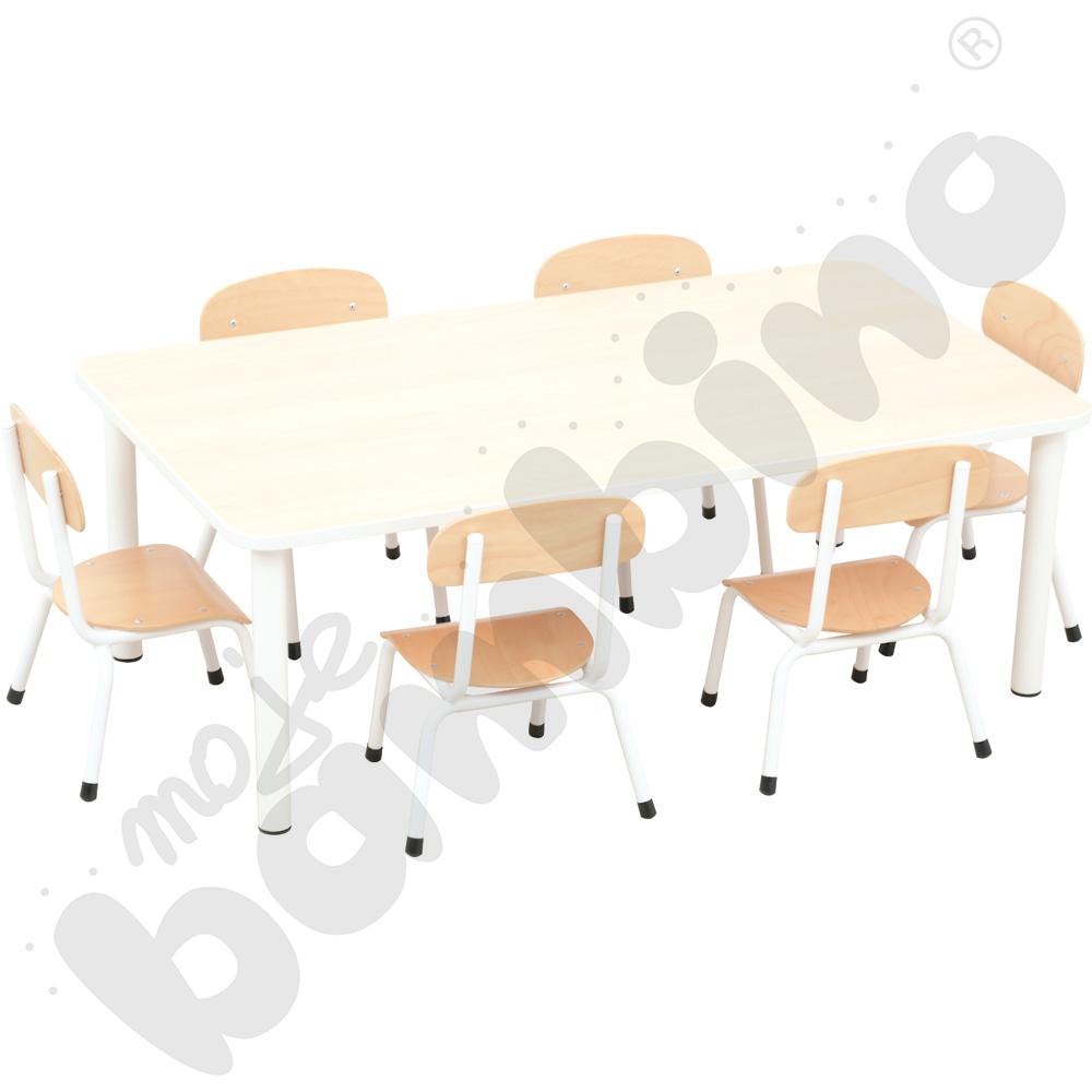 Stół Bambino prostokątny reg. 0-3 z białym obrzeżem z 6 krzesłami Bambino białymi, rozm. 0