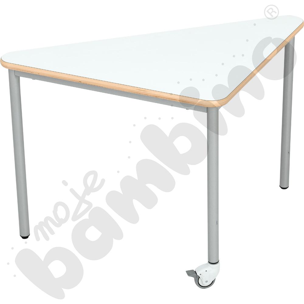 Stół Mila trójkątny 90x90x122, blat HPL biały, narożniki zaokrąglone, rozm. 6 z kółkiem