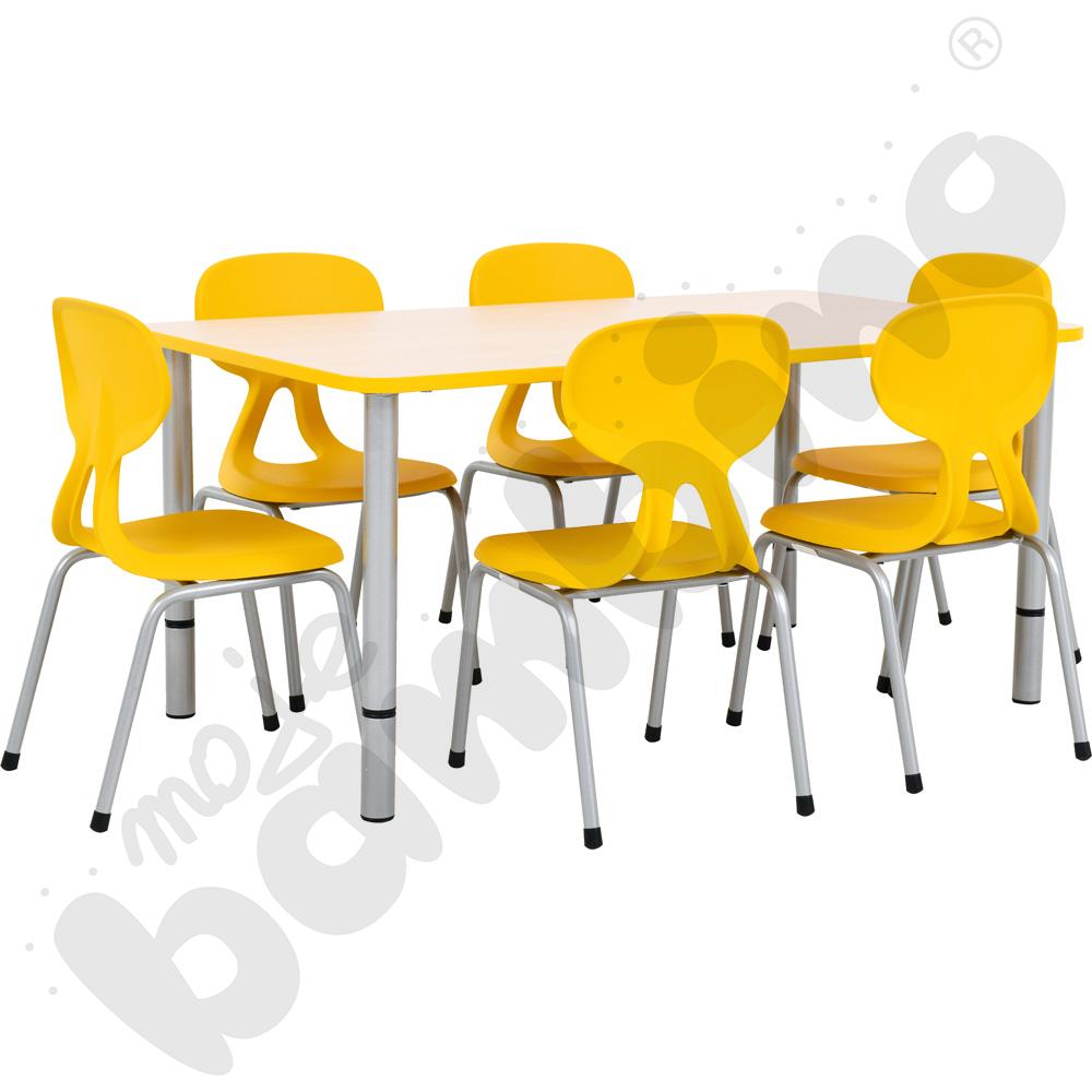 Stół Quadro z reg. wys. prostokątny z żółtym obrzeżem z 6 krzesłami Colores żółtymi, rozm. 2
