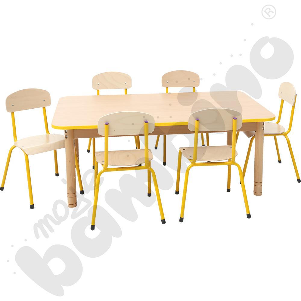 Stół prostokątny klon z żółtym obrzeżem z 6 krzesłami Bambino żółtymi, rozm. 0