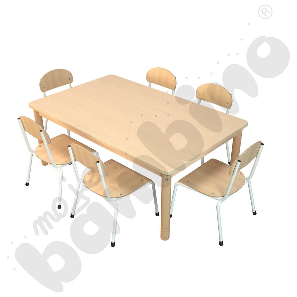 Stół prostokątny klon z klonowym obrzeżem z 6 krzesłami Bambino białymi, rozm. 1