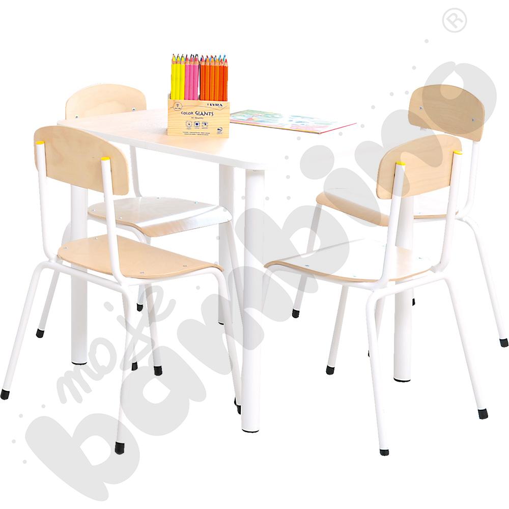Stół Bambino kwadratowy z białym obrzeżem z 4 krzesłami Bambino białymi, rozm. 2