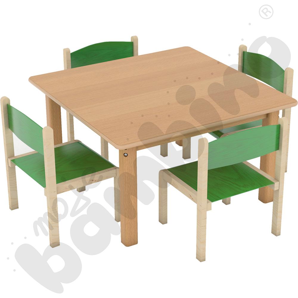 Stół kwadratowy HPL buk z 4 krzesłami Filipek zielonymi, rozm. 1