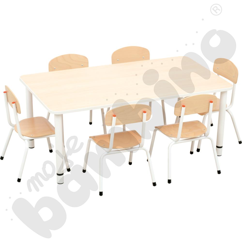 Stół Bambino prostokątny z białym obrzeżem z 6 krzesłami Bambino białymi, rozm. 1