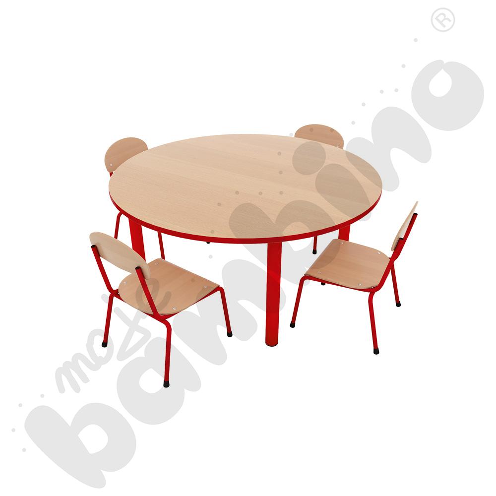 Stół Bambino okrągły z czerwonym obrzeżem z 4 krzesłami Bambino czerwonymi, rozm. 0