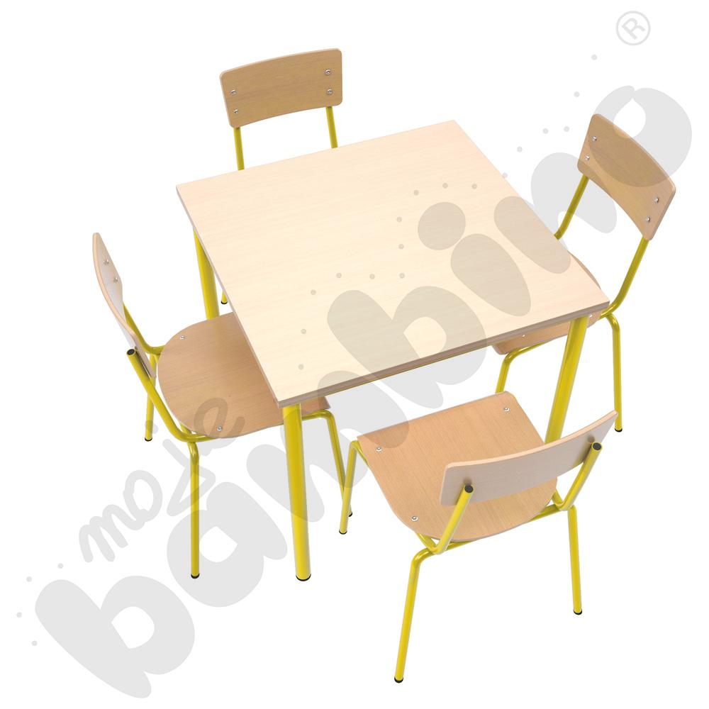 Stół Mila 80 x 80 klon z 4 krzesłami D żółtymi, rozm. 5