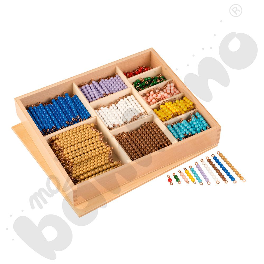 Pudełko dekonomiczne z koralikami do mnożenia - kolorowe schody 1-10 Montessori