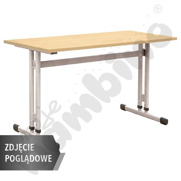 Stół IN-R 130x50 rozm. 3–7, 2os., stelaż żółty, blat HPL szary, obrzeże drewniane, narożniki proste
