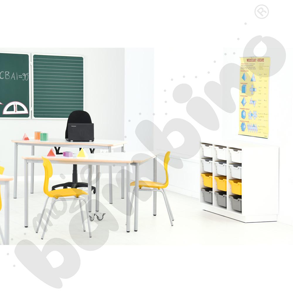 Stół Mila trójkątny 90x90x122, blat HPL biały, narożniki zaokrąglone, rozm. 6 z kółkiem