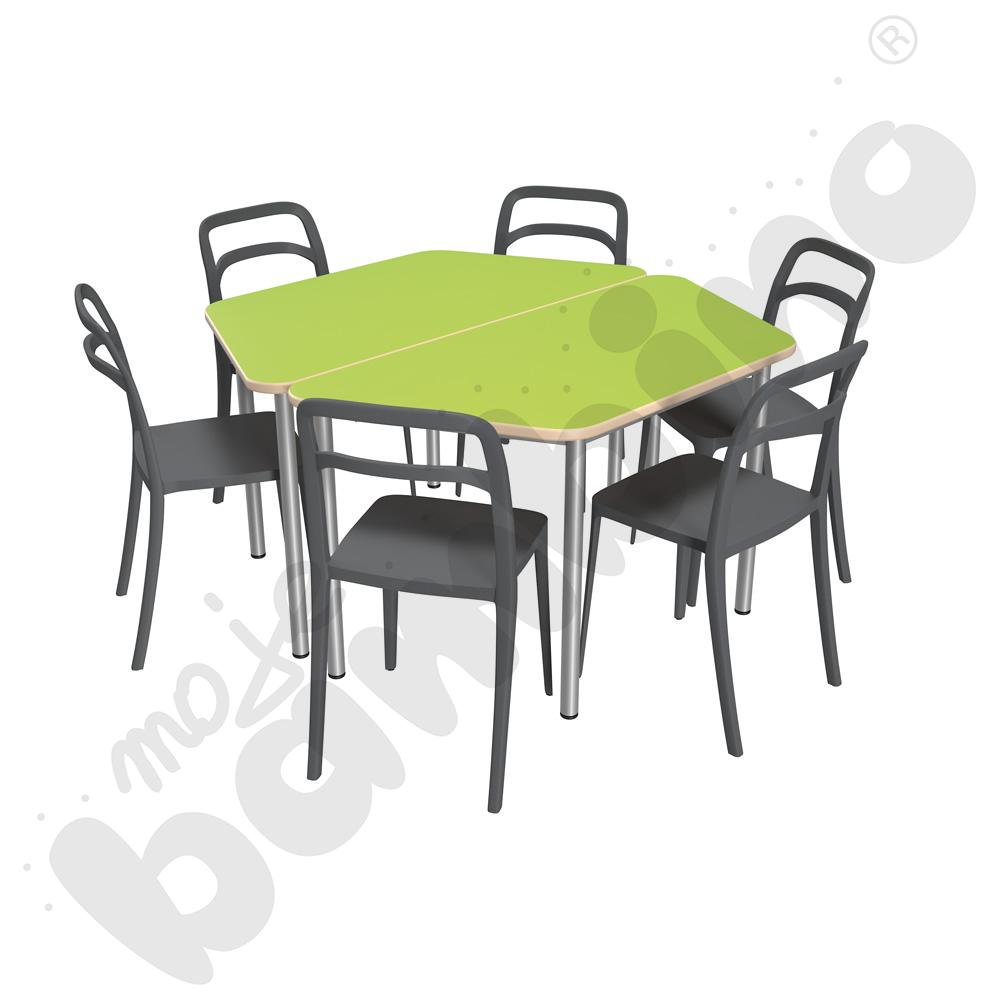 Stół Mila trapezowy jasnozielony HPL z 6 krzesłami Leon szarymi, rozm. 6