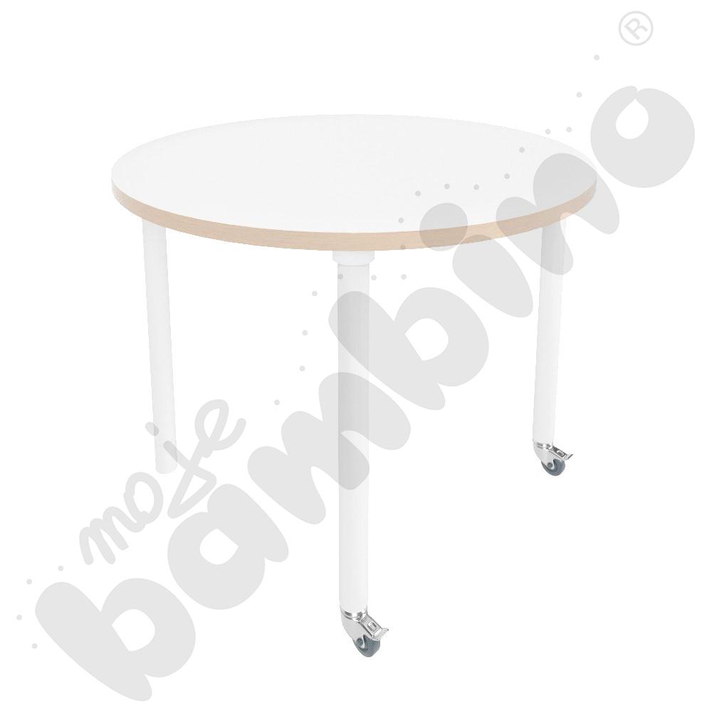 Stół Marcus śr. 90 cm, rozm. 5, nogi drewniane białe z 2 kółkami, blat HPL biały, obrzeże ABS