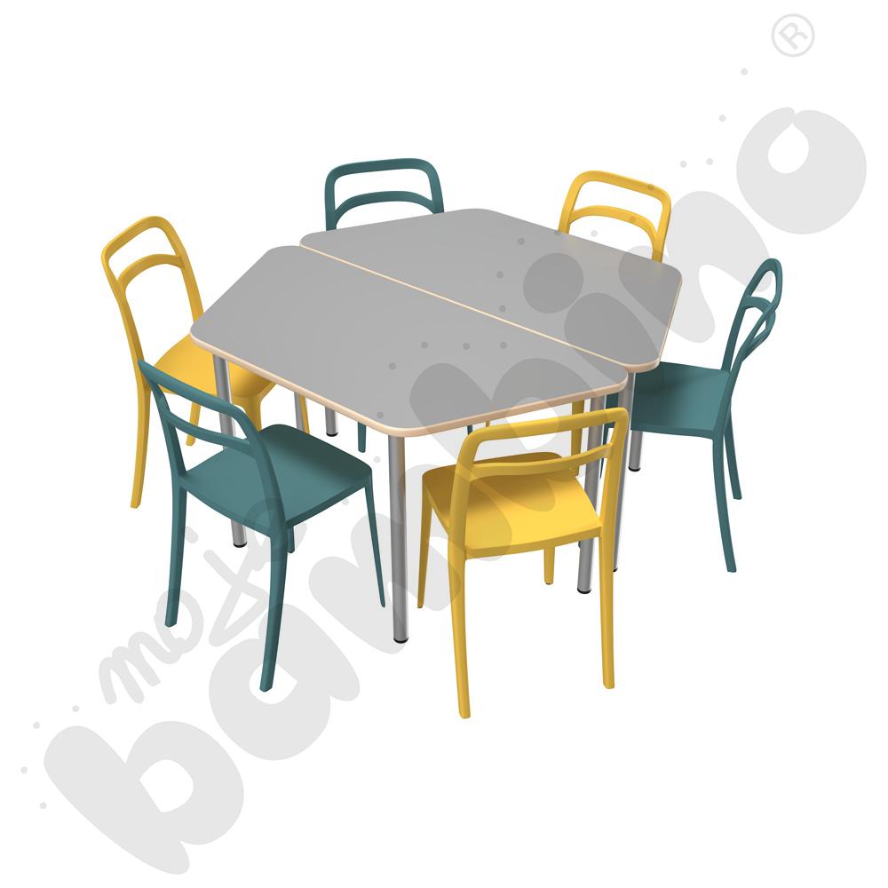 Stół Mila trapezowy szary HPL z 6 krzesłami Leon mix 2 kolorów, rozm. 6