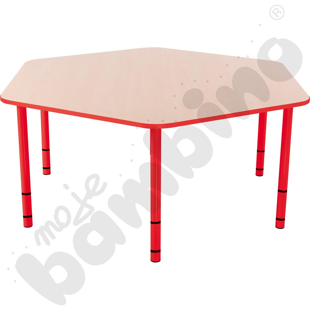 Stół Bambino sześciokątny z czerwonym obrzeżem z regulowanymi nogami