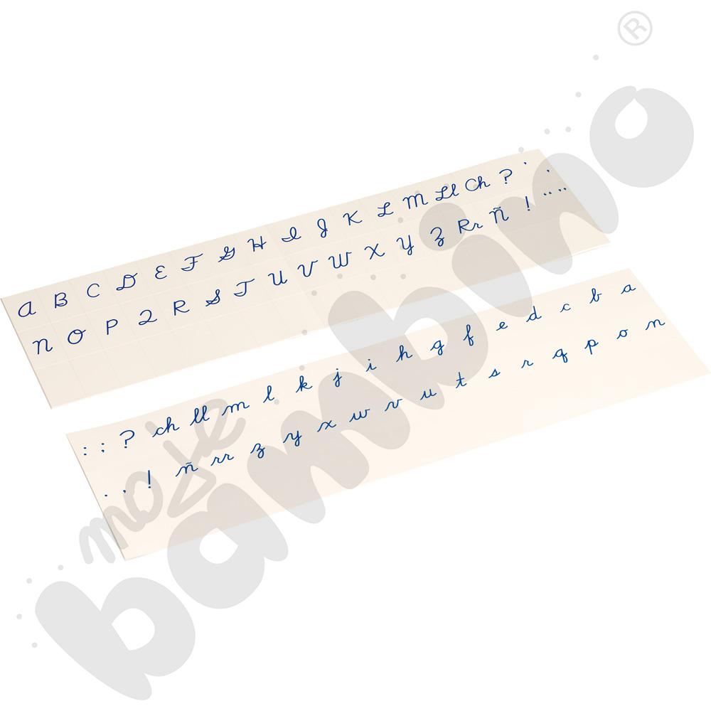 Ruchomy alfabet na tafelkach Montessori - litery pisane - niebieskie