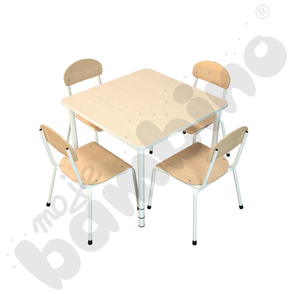 Stół Bambino kwadratowy reg. 0-3 z białym obrzeżem z 4 krzesłami Bambino białymi, rozm. 2