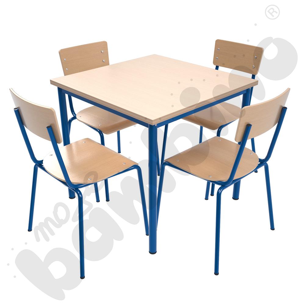 Stół Mila 80 x 80 klon z 4 krzesłami D niebieskimi, rozm. 4