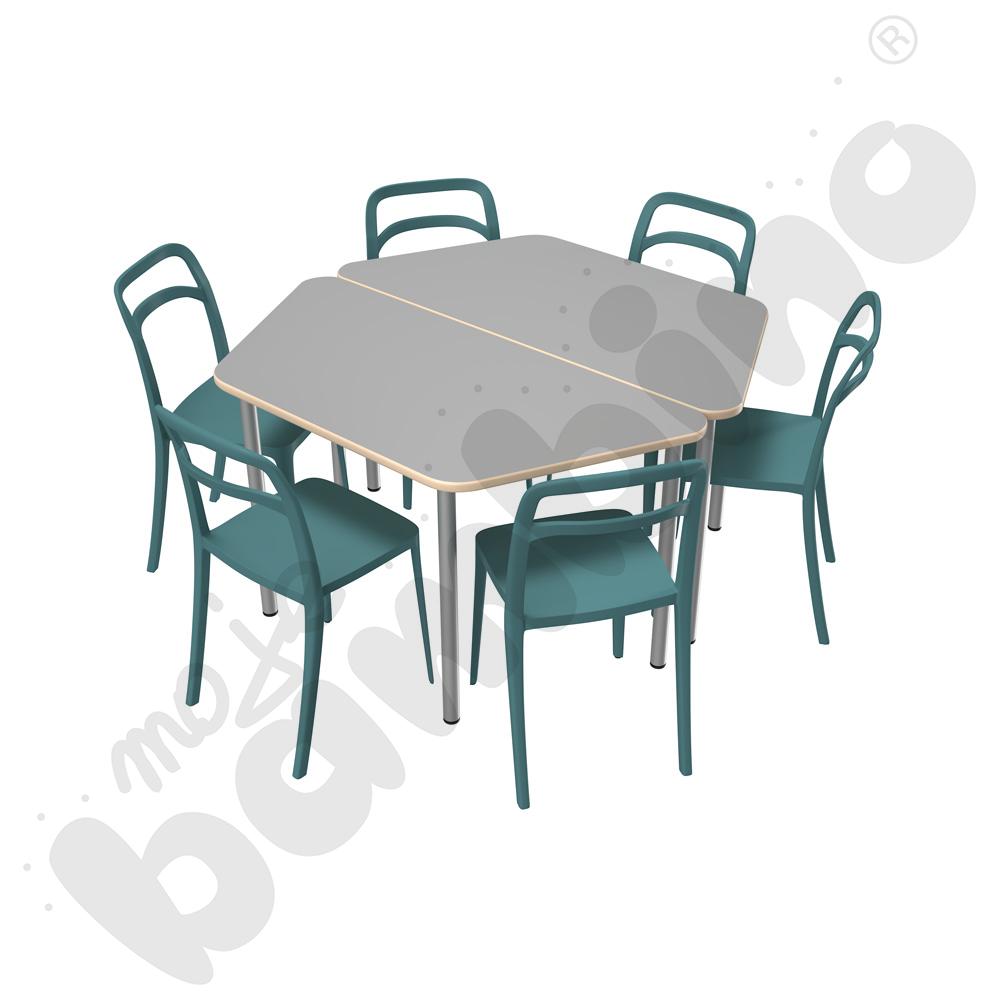 Stół Mila trapezowy szary HPL z 6 krzesłami Leon turkusowymi, rozm. 6