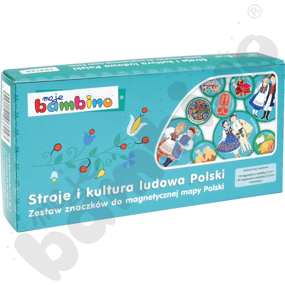 Stroje i kultura ludowa Polski. Zestaw znaczków do magnetycznej mapy Polski.